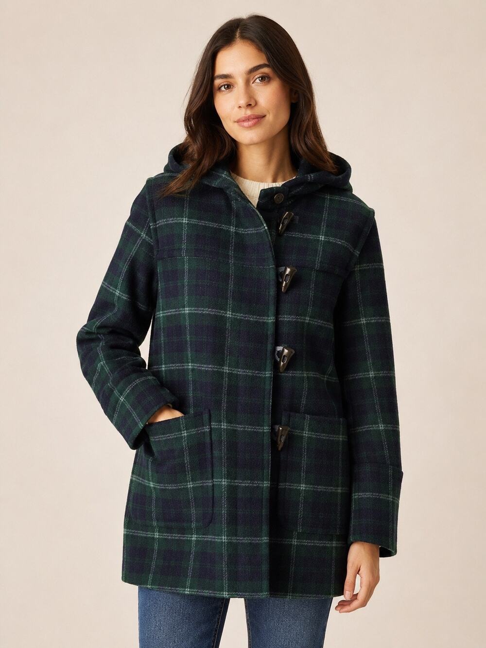 J.Crew Wool-Blend Hooded Toggle-Button Duffle Coat – Black Watch Plaid – Size 2